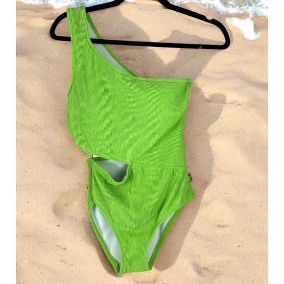 Michael Kors One Shoulder Swimsuit Green Cutout Ribbed Designer NWT Size 8 Beach - Picture 1 of 11